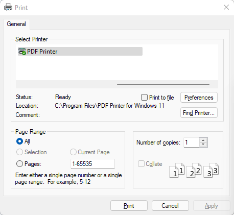 Choose PDF Printer on Windows 11